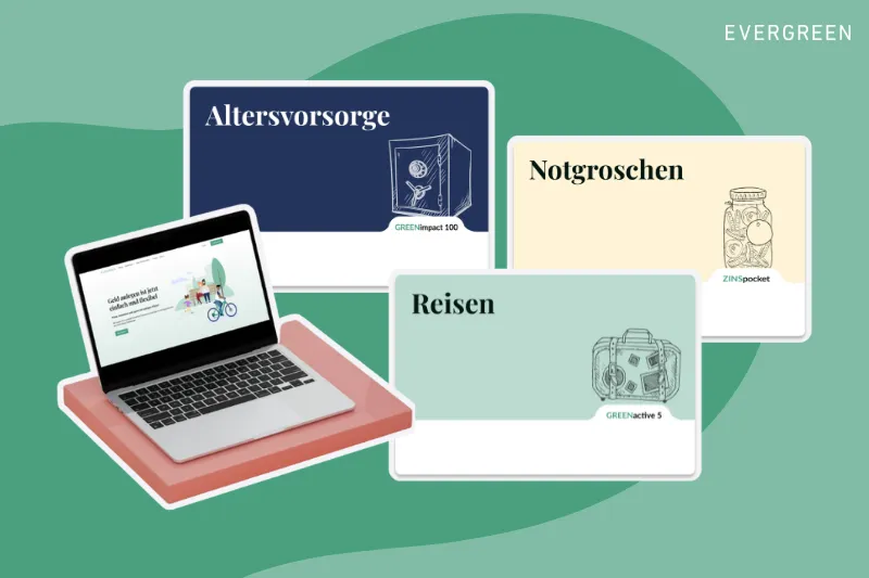 Illustration: Laptop mit der Evergreen-App, daneben Karten für die Pockets Altersvorsorge, Notgroschen und Reisen