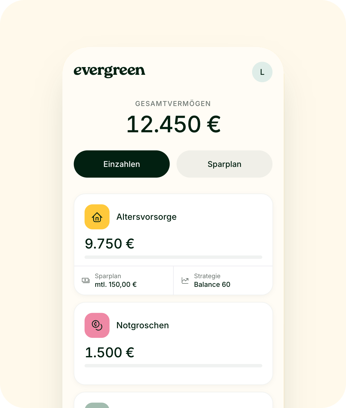 App-Screen: Depot-Übersicht mit Gesamtvermögen und Pockets
