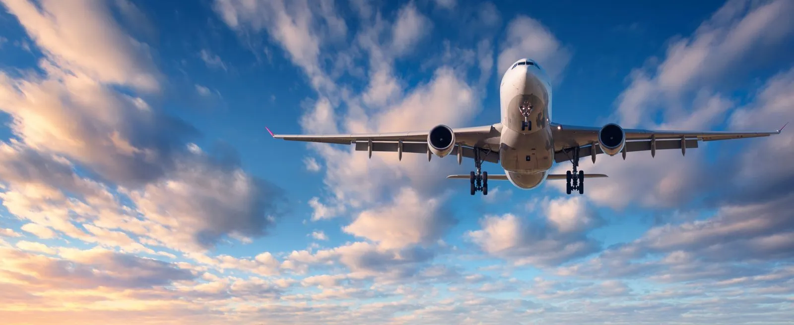 Passagierflugzeug im Landeanflug vor einem Abendhimmel