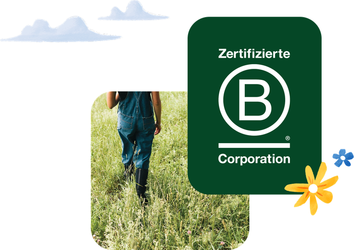Collage mit dem B Corp™-Siegel und einer Person, die über eine wilde grüne Wiese läuft.