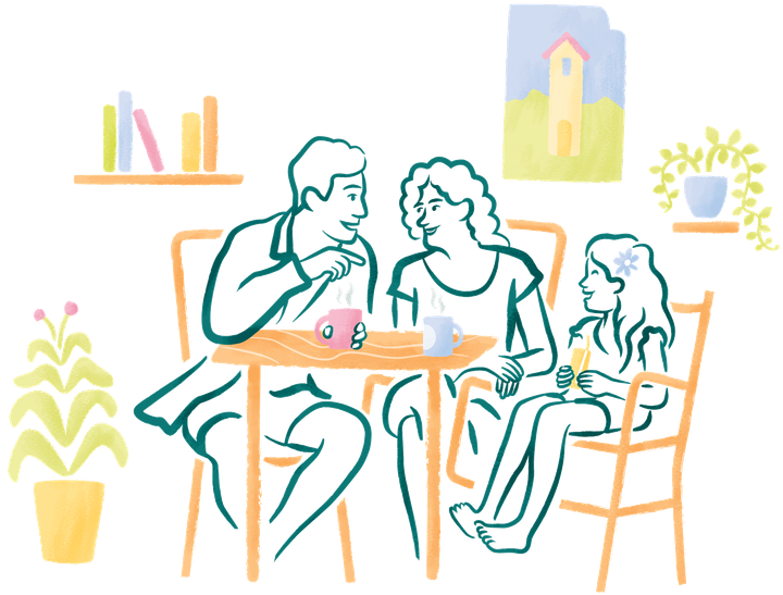 Illustration einer Familie: Mama, Papa und eine Tochter, die in ihrem Zuhause am Tisch sitzen und sich bei einem Getränk unterhalten.