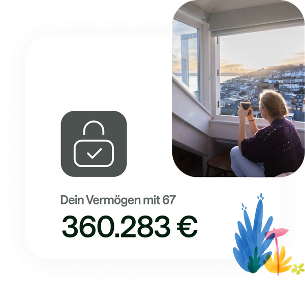 Frau sieht entspannt aus dem Fenster, während ihr ein geschütztes Vermögen bis 67 prognostiziert wird.